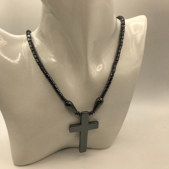 Hematite Cross Necklace Unisex 16 inch Necklace with Hematite 2 in Cross NEW - Picture 1 of 9